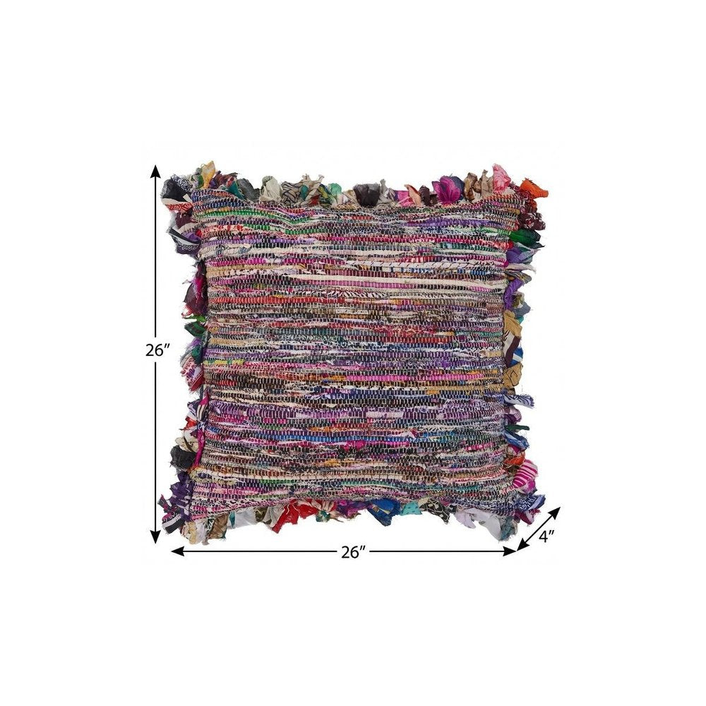 26" Blue And Red Weave Cotton Throw Pillow with Fringe HomeRoots