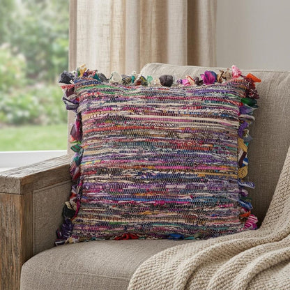 26" Blue And Red Weave Cotton Throw Pillow with Fringe HomeRoots