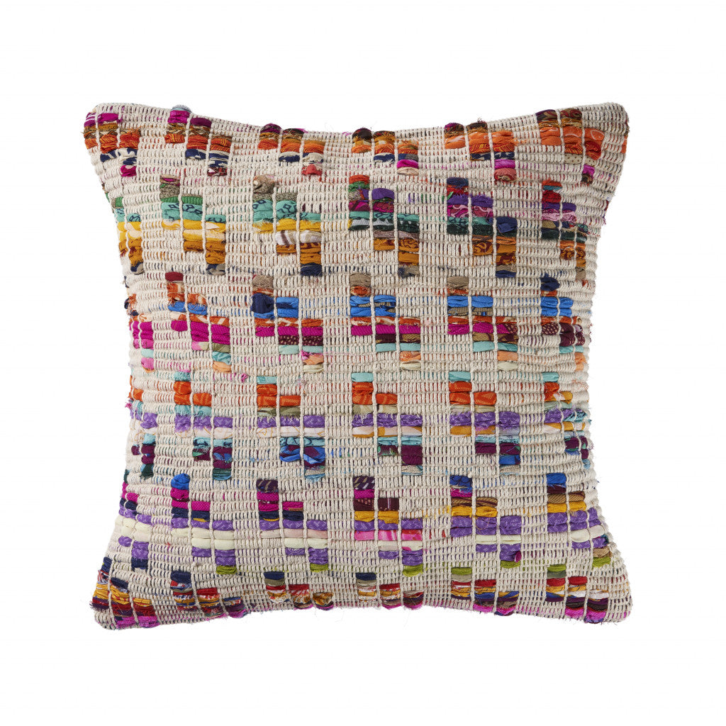 20" X 20" Beige Red Green Blue Yellow Orange And Pink 100% Cotton Geometric Zippered Pillow FurniFindUSA