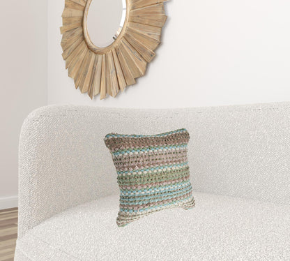 18" X 18" Blue and Green Striped Cotton Zippered Pillow FurniFindUSA
