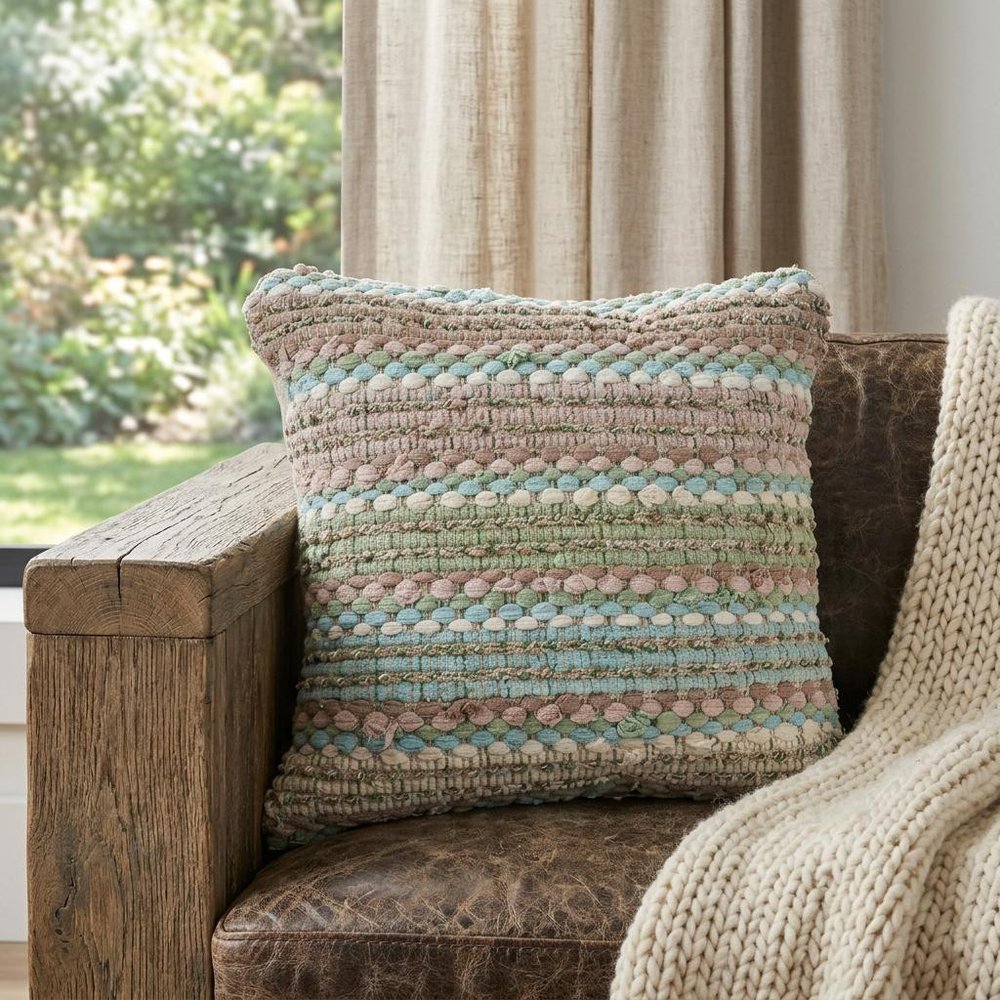 18" Blue And Green Cotton Striped Throw Pillow HomeRoots