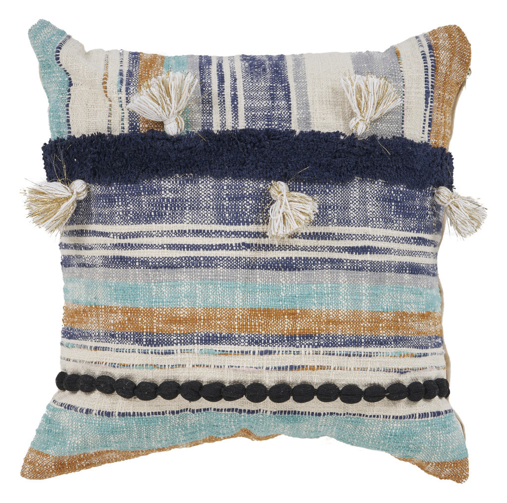 18" X 18" Blue and Beige Patchwork Cotton Zippered Pillow With Tassels FurniFindUSA
