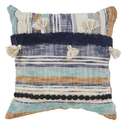 18" X 18" Blue and Beige Patchwork Cotton Zippered Pillow With Tassels FurniFindUSA