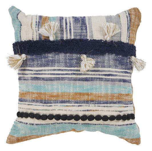18" X 18" Blue and Beige Patchwork Cotton Zippered Pillow With Tassels FurniFindUSA