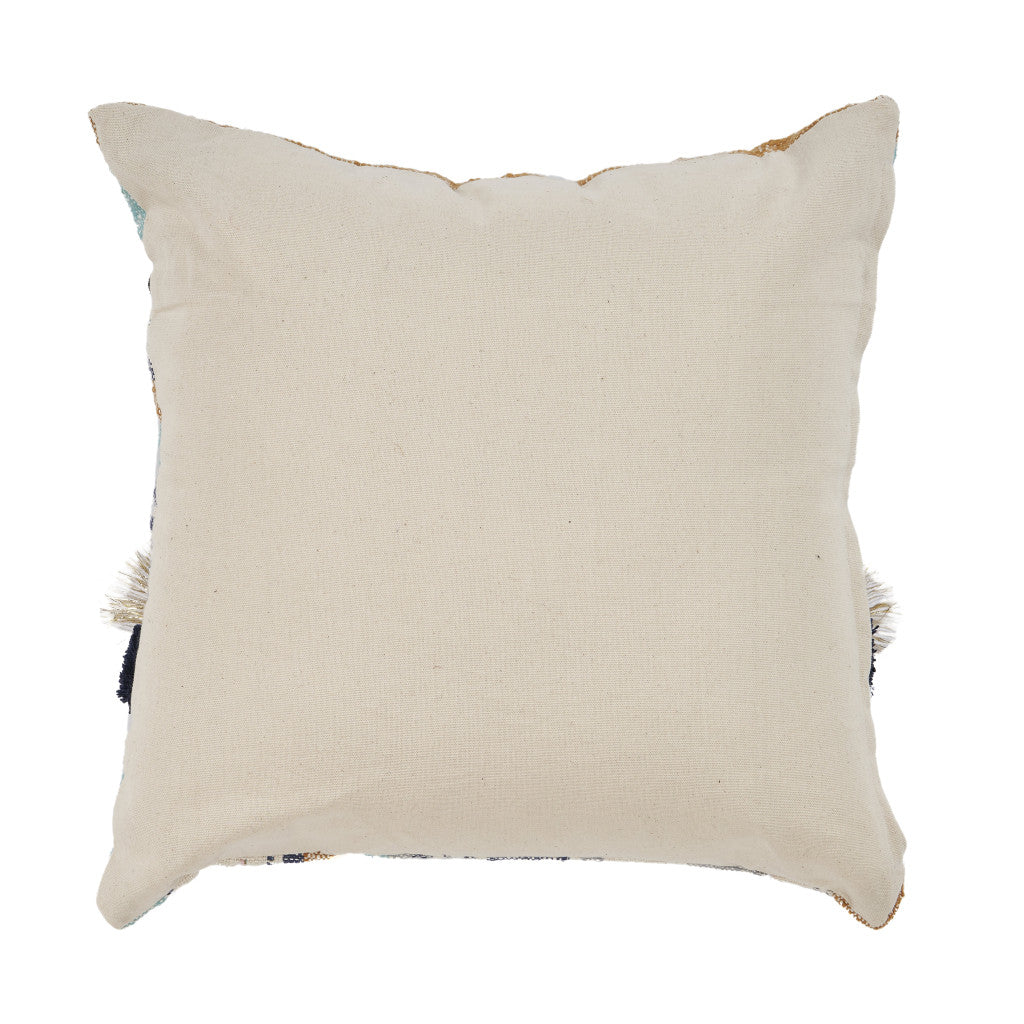 18" X 18" Blue and Beige Patchwork Cotton Zippered Pillow With Tassels FurniFindUSA