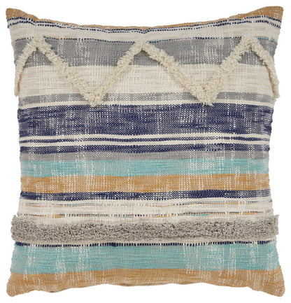 18" X 18" Beige Blue and Gray Geometric Cotton Zippered Pillow FurniFindUSA