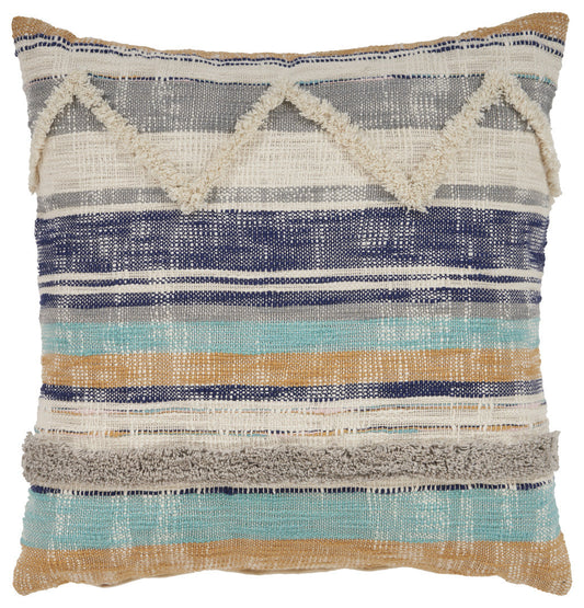18" X 18" Beige Blue and Gray Geometric Cotton Zippered Pillow FurniFindUSA