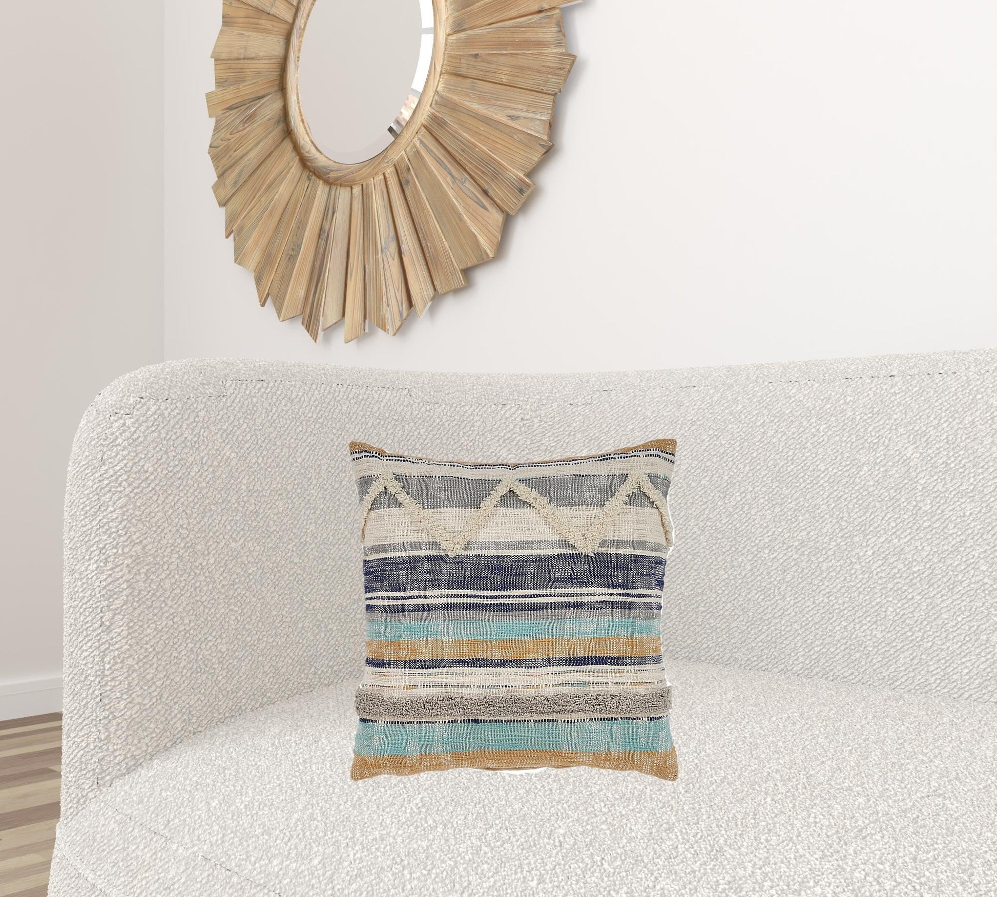 18" X 18" Beige Blue and Gray Geometric Cotton Zippered Pillow FurniFindUSA