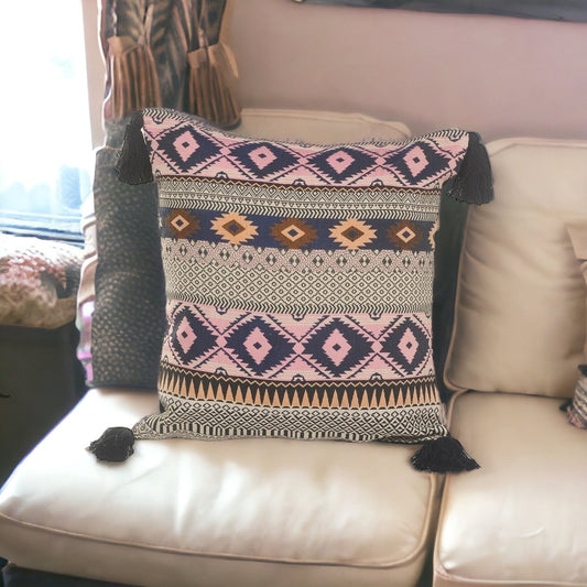 20" X 20" Black and Yellow Southwestern Cotton Zippered Pillow With Tassels FurniFindUSA