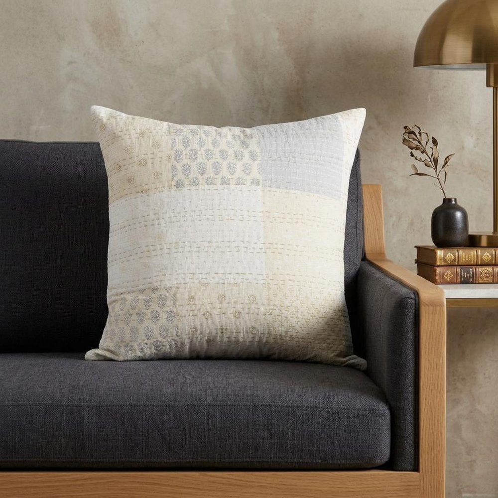 20" X 20" Beige Gray And Off-White 100% Cotton Patchwork Zippered Pillow HomeRoots
