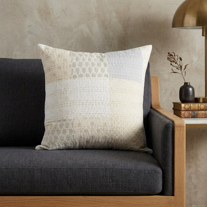 20" X 20" Beige Gray And Off-White 100% Cotton Patchwork Zippered Pillow HomeRoots