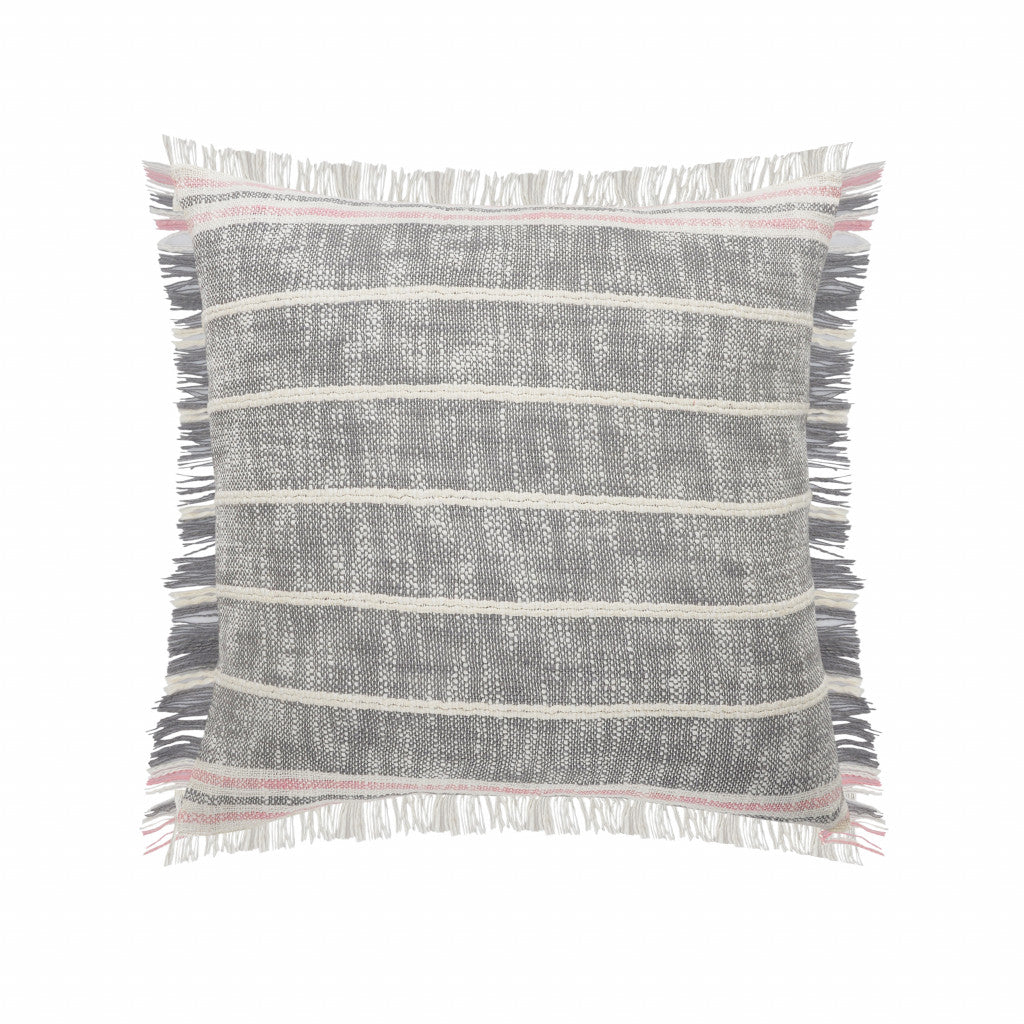 20" X 20" Gray White And Pink 100% Cotton Striped Zippered Pillow FurniFindUSA