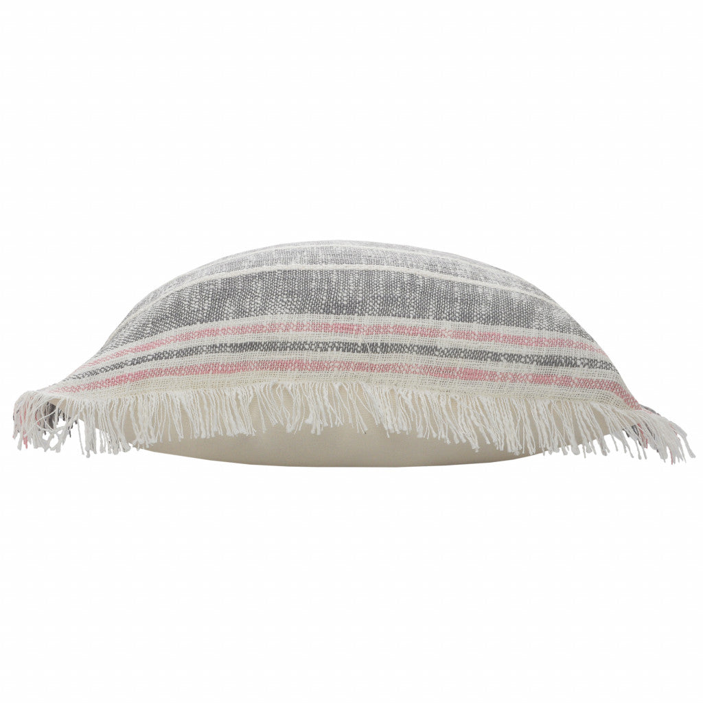 20" X 20" Gray White And Pink 100% Cotton Striped Zippered Pillow FurniFindUSA