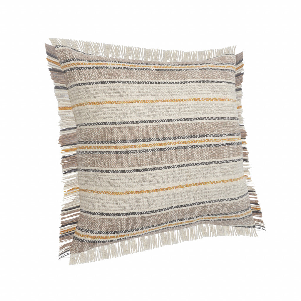 20" X 20" Taupe Gray Yellow And Navy 100% Cotton Striped Zippered Pillow FurniFindUSA