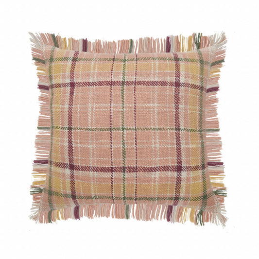 20" X 20" Pink Berry Green And Yellow 100% Cotton Plaid Zippered Pillow FurniFindUSA