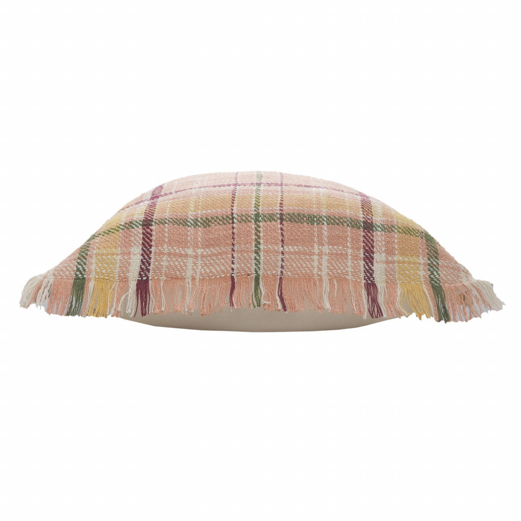 20" X 20" Pink Berry Green And Yellow 100% Cotton Plaid Zippered Pillow FurniFindUSA