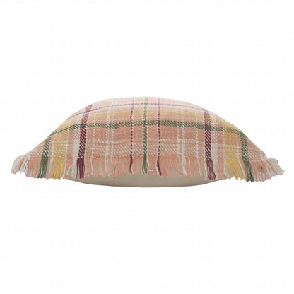 20" X 20" Pink Berry Green And Yellow 100% Cotton Plaid Zippered Pillow FurniFindUSA