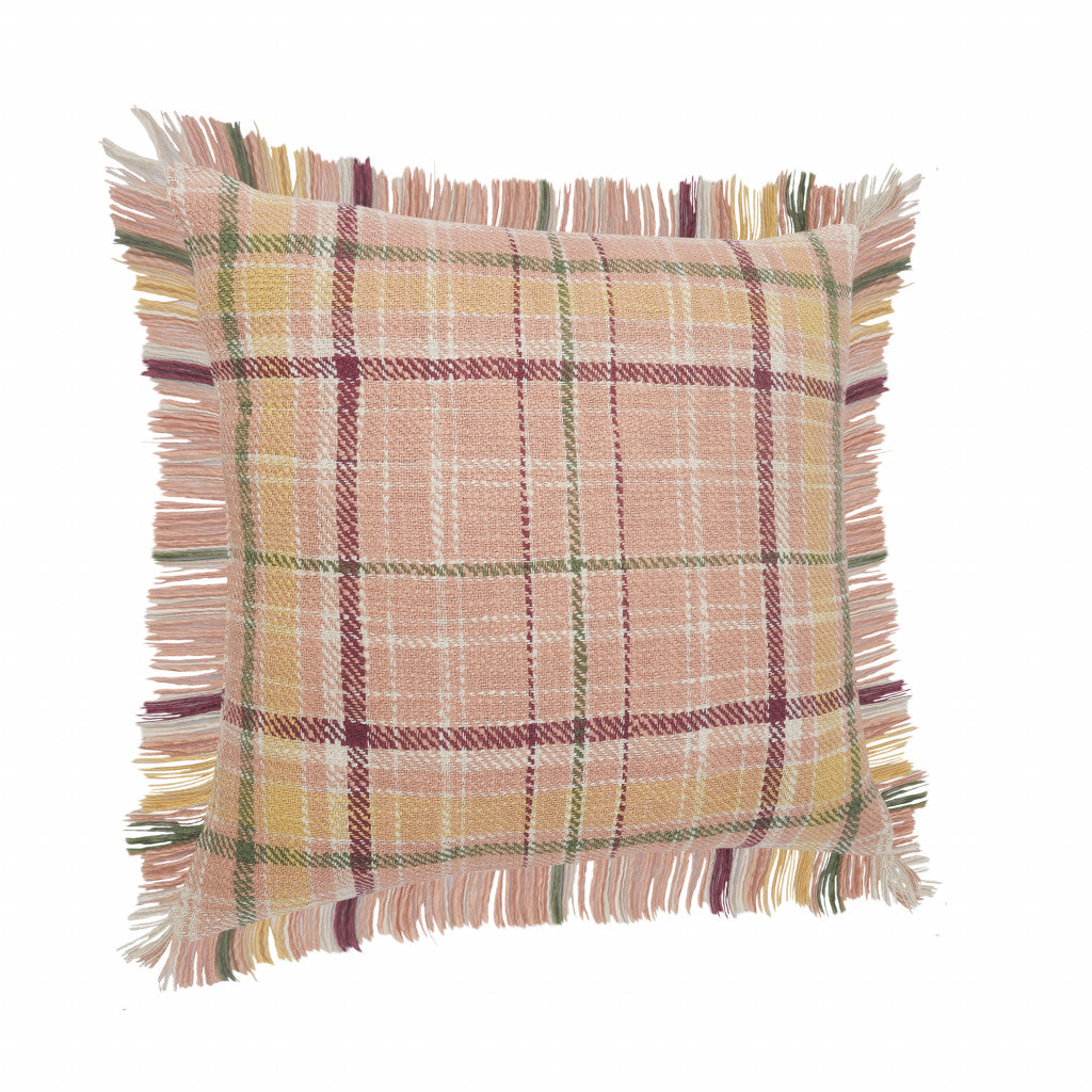 20" X 20" Pink Berry Green And Yellow 100% Cotton Plaid Zippered Pillow FurniFindUSA