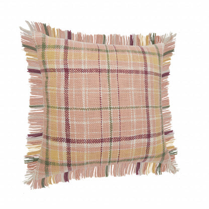 20" X 20" Pink Berry Green And Yellow 100% Cotton Plaid Zippered Pillow FurniFindUSA