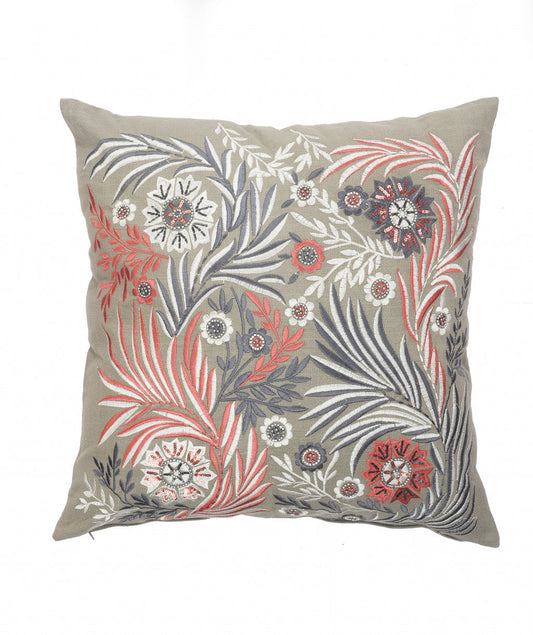 20" X 20" Gray Adn Pink 100% Cotton Floral Zippered Pillow FurniFindUSA