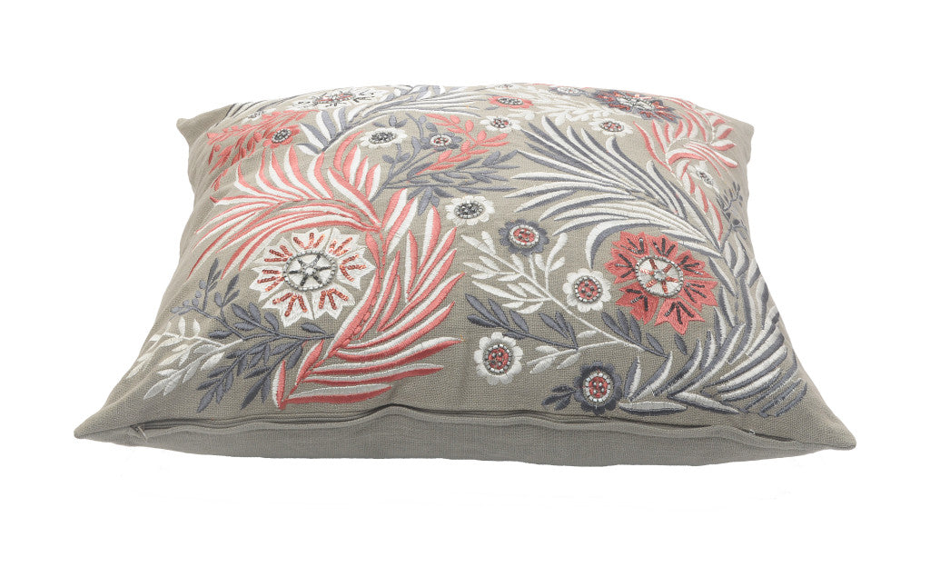 20" X 20" Gray Adn Pink 100% Cotton Floral Zippered Pillow FurniFindUSA