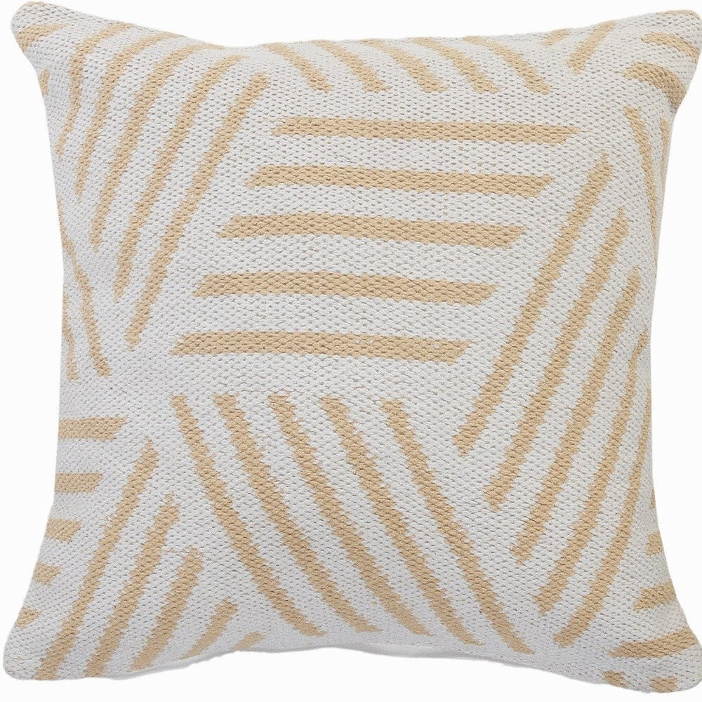 20" X 20" Tan And White 100% Cotton Geometric Zippered Pillow HomeRoots