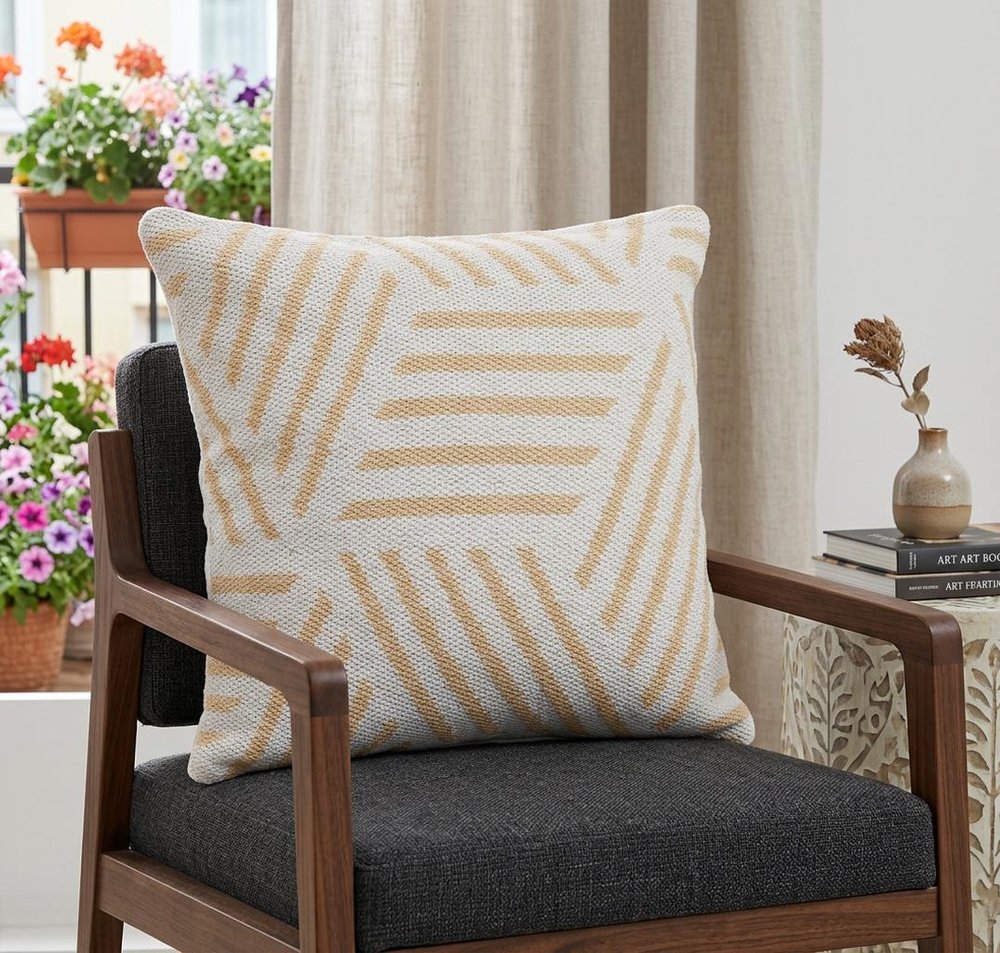 20" X 20" Tan And White 100% Cotton Geometric Zippered Pillow — view 9