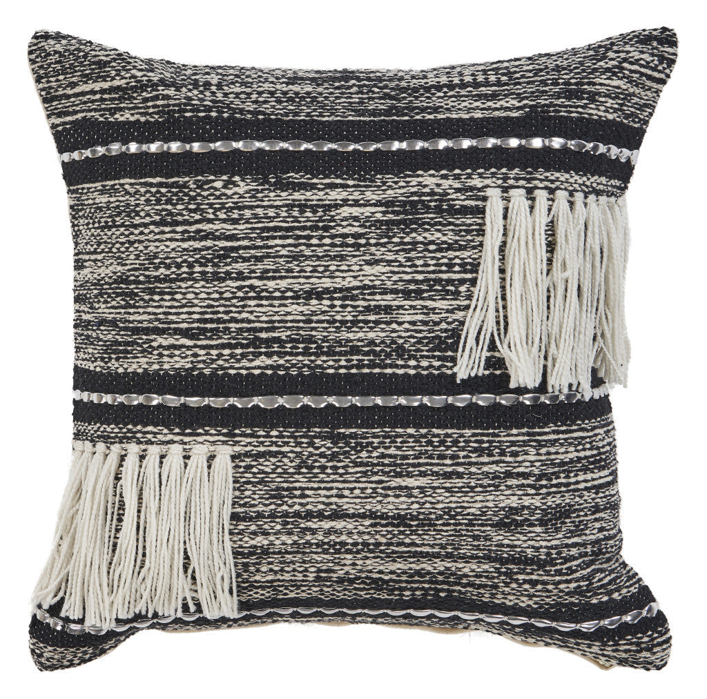 18" X 18" Black and Off White Striped Cotton Zippered Pillow With Fringe FurniFindUSA