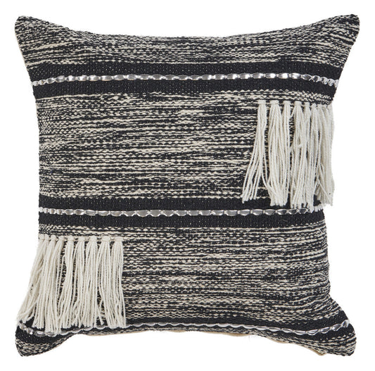 18" X 18" Black and Off White Striped Cotton Zippered Pillow With Fringe FurniFindUSA