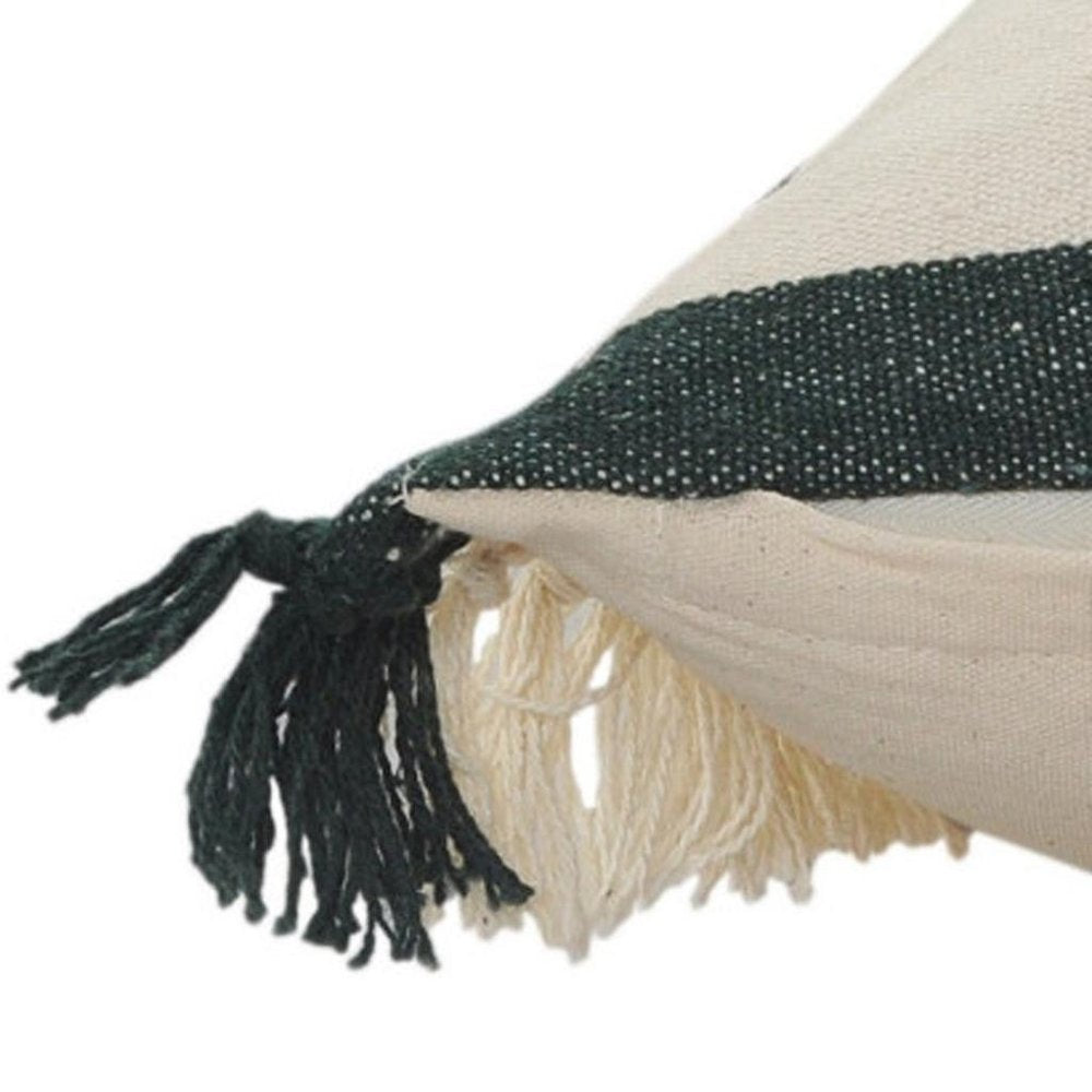 20" X 20" Juniper Green Dark Green White And Linen 100% Cotton Striped Zippered Pillow HomeRoots