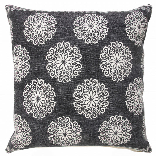 20" X 20" Black And White 100% Cotton Floral Zippered Pillow FurniFindUSA