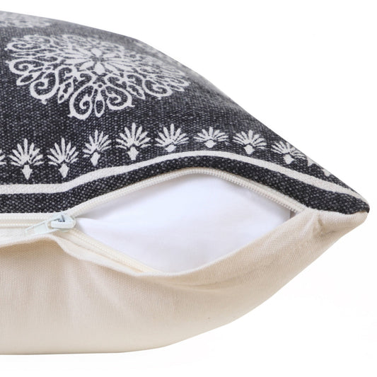 20" X 20" Black And White 100% Cotton Floral Zippered Pillow FurniFindUSA