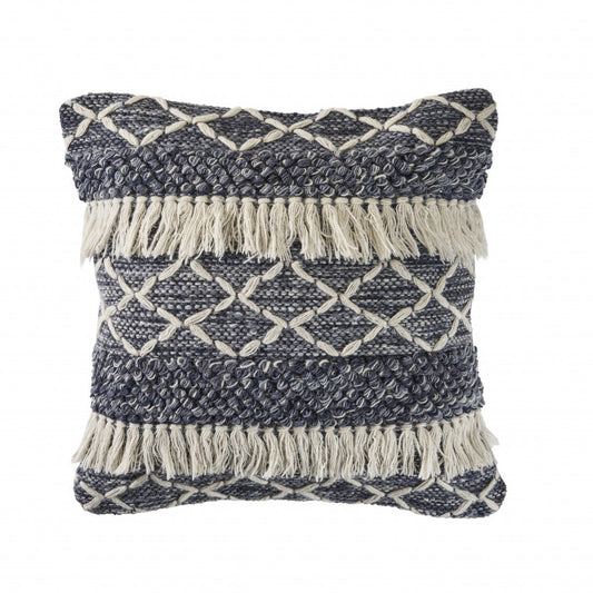 20" X 20" Navy And Ivory 100% Wool Geometric Zippered Pillow FurniFindUSA