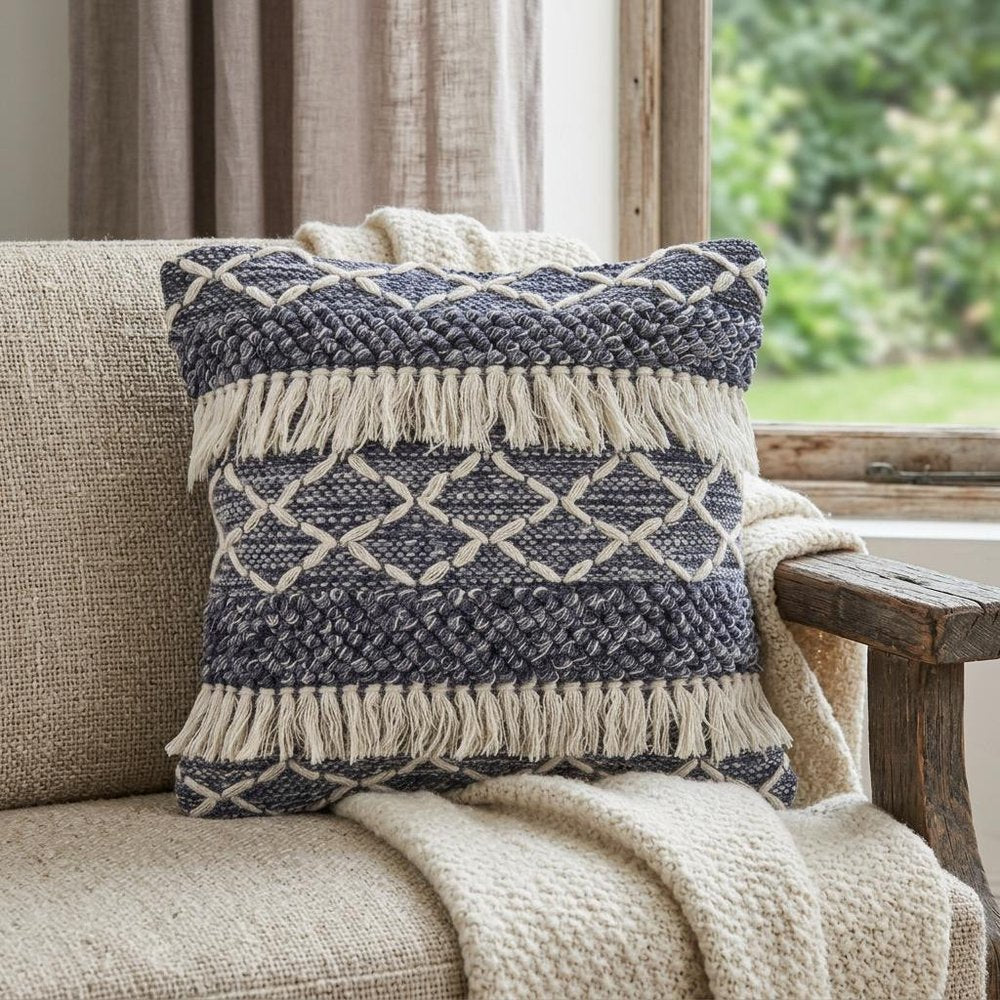 20" X 20" Navy And Ivory 100% Wool Geometric Zippered Pillow — view 7