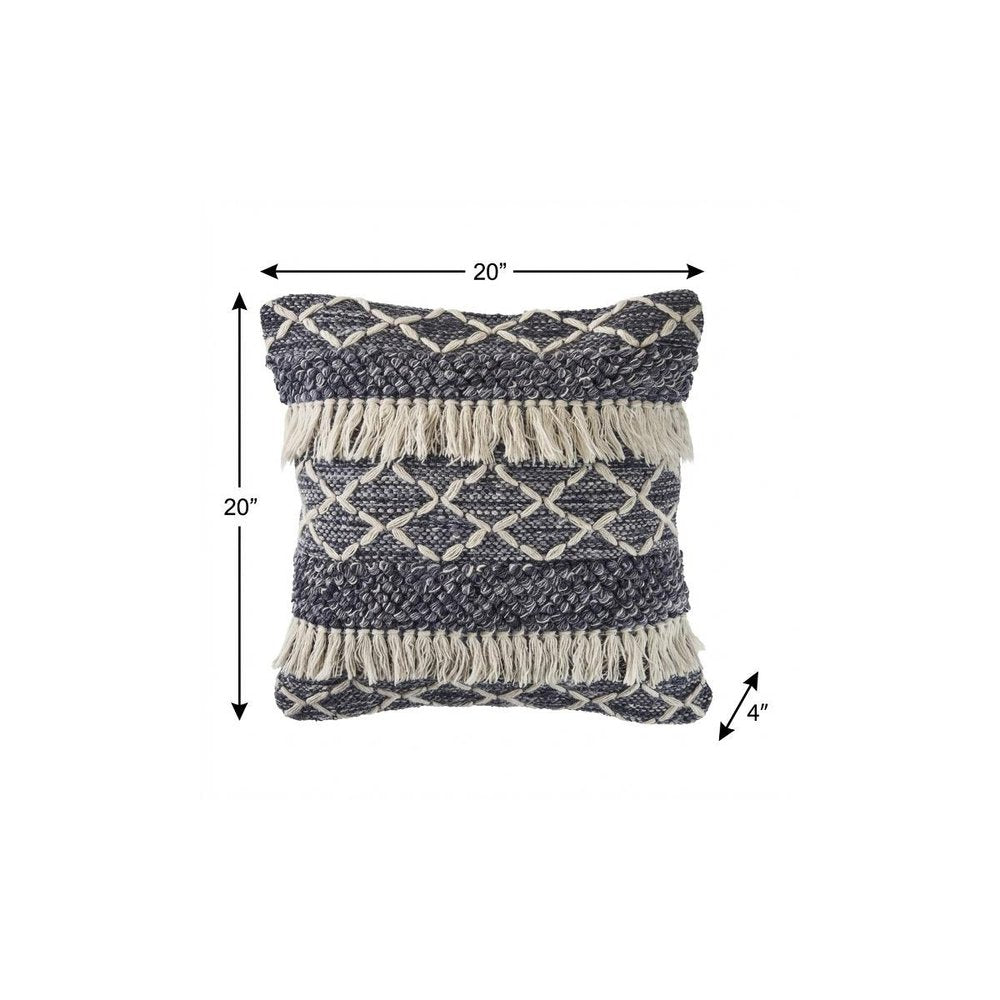20" X 20" Navy And Ivory 100% Wool Geometric Zippered Pillow — view 8