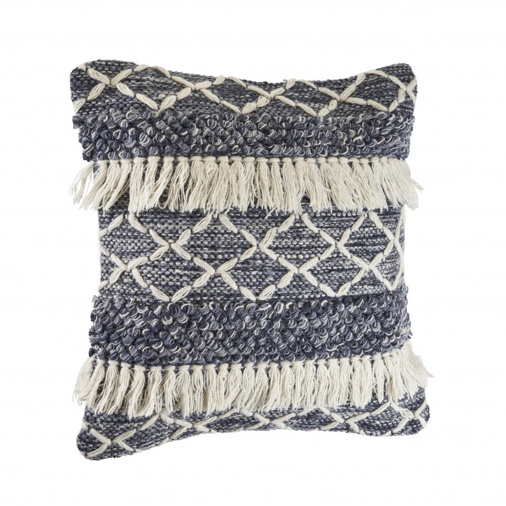 20" X 20" Navy And Ivory 100% Wool Geometric Zippered Pillow — view 3
