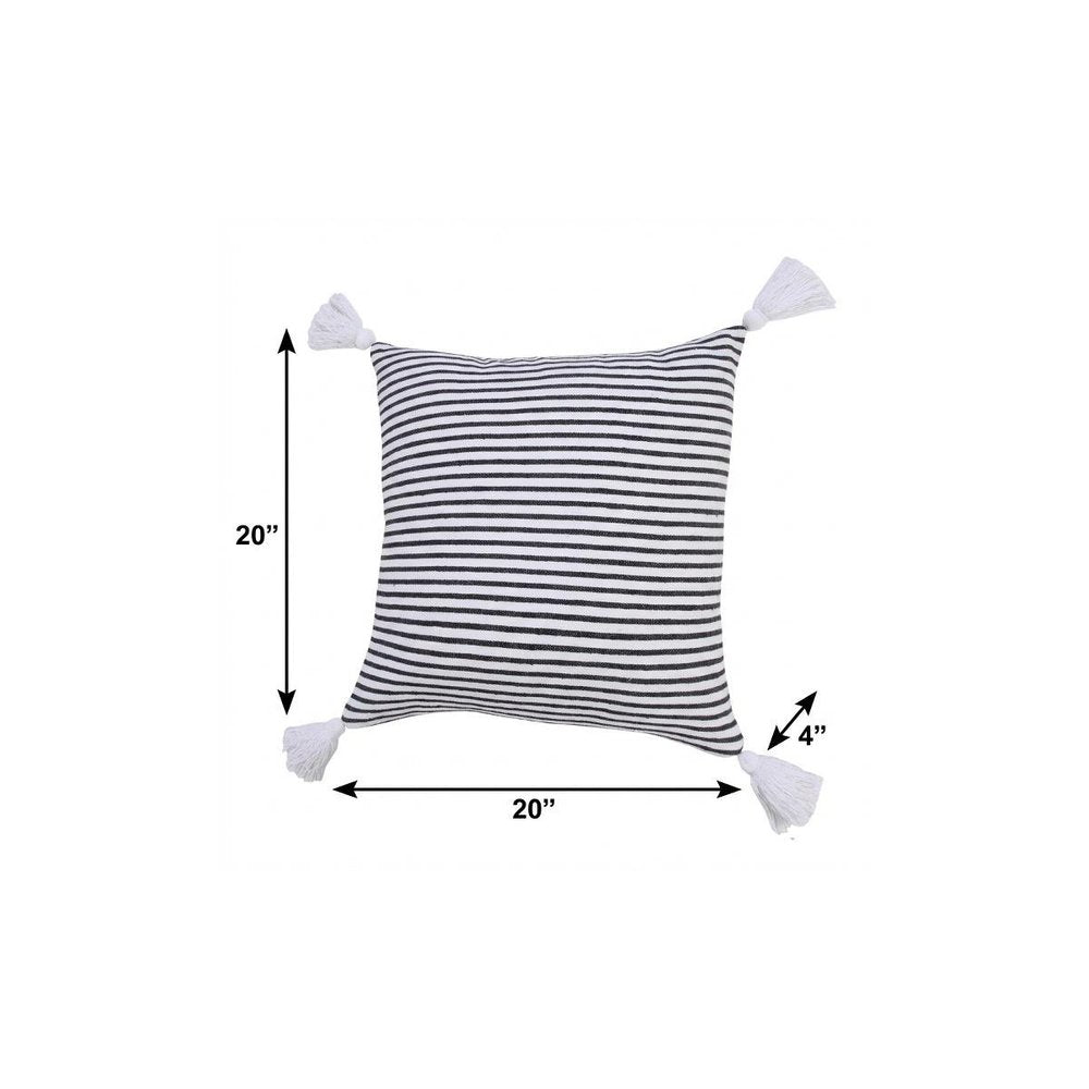 20" X 20" Black And White 100% Cotton Striped Zippered Pillow — view 8