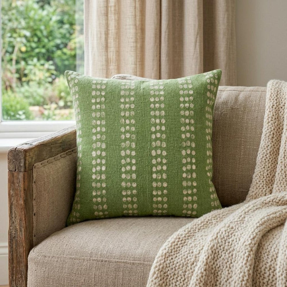 20" X 20" Green And White 100% Cotton Striped Zippered Pillow