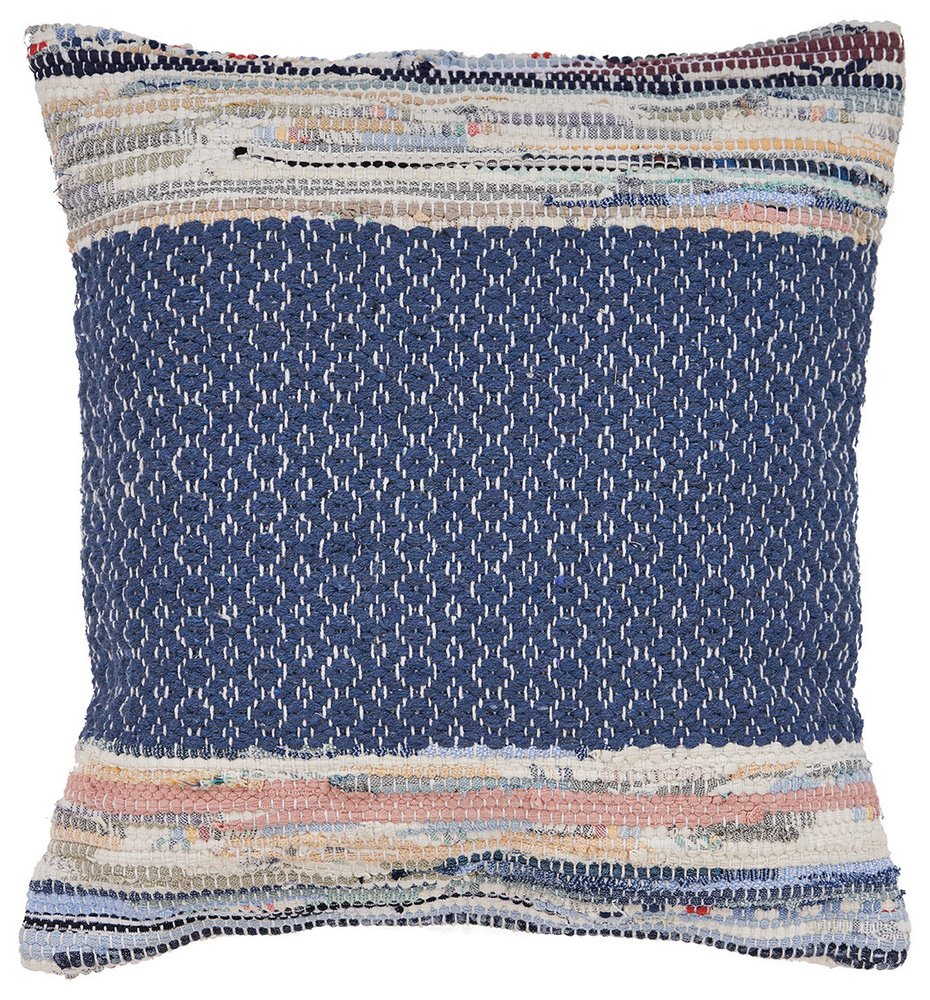 18" X 18" Blue White Red And Yellow 100% Cotton Striped Zippered Pillow — view 1