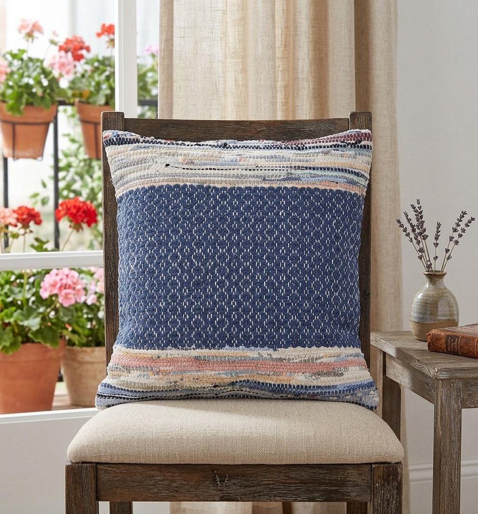 18" X 18" Blue White Red And Yellow 100% Cotton Striped Zippered Pillow — view 3