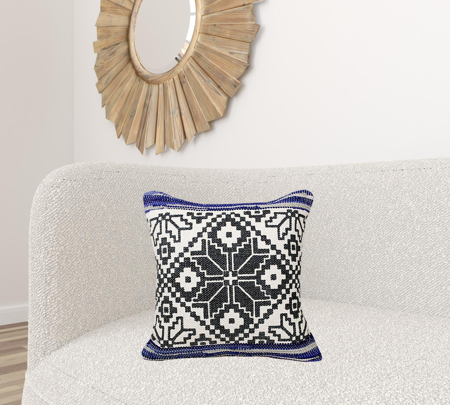 20" X 20" Blue Navy Gray And White 100% Cotton Geometric Zippered Pillow FurniFindUSA