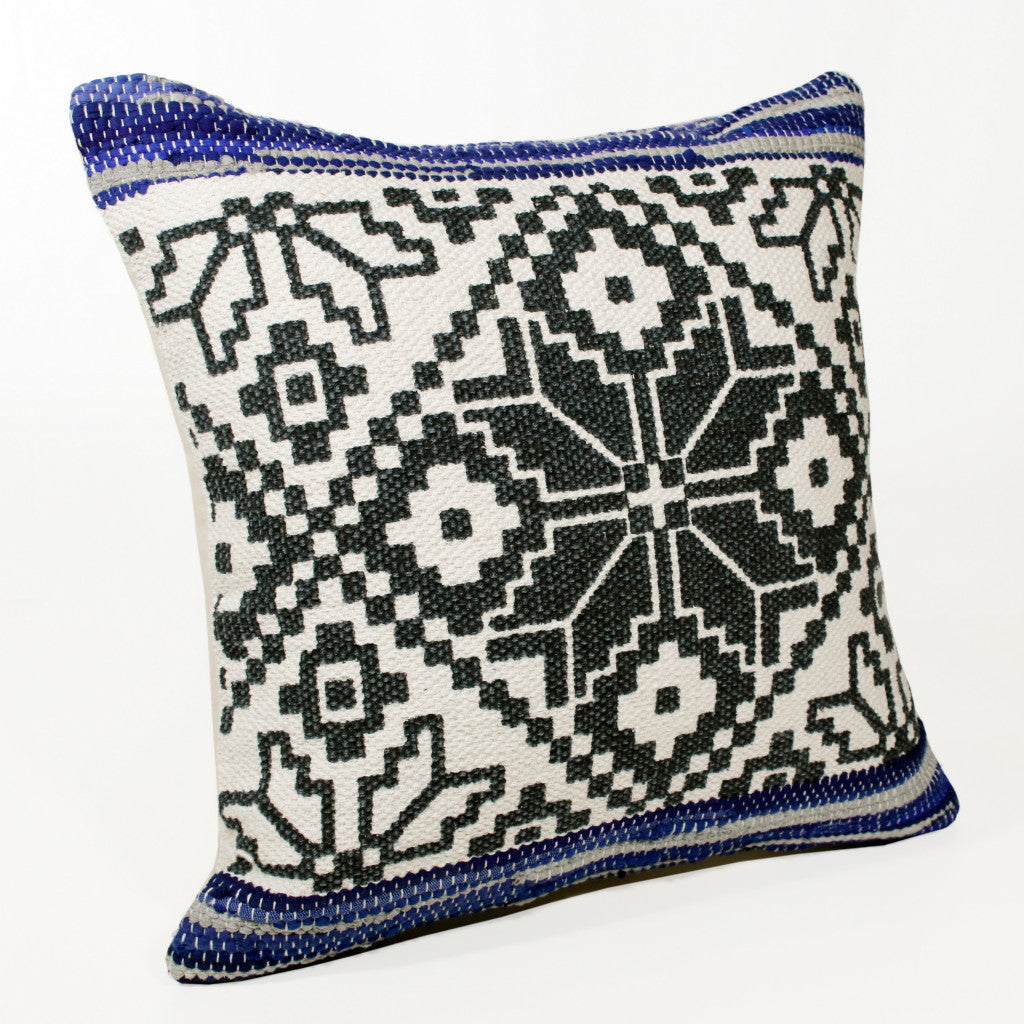 20" X 20" Blue Navy Gray And White 100% Cotton Geometric Zippered Pillow FurniFindUSA