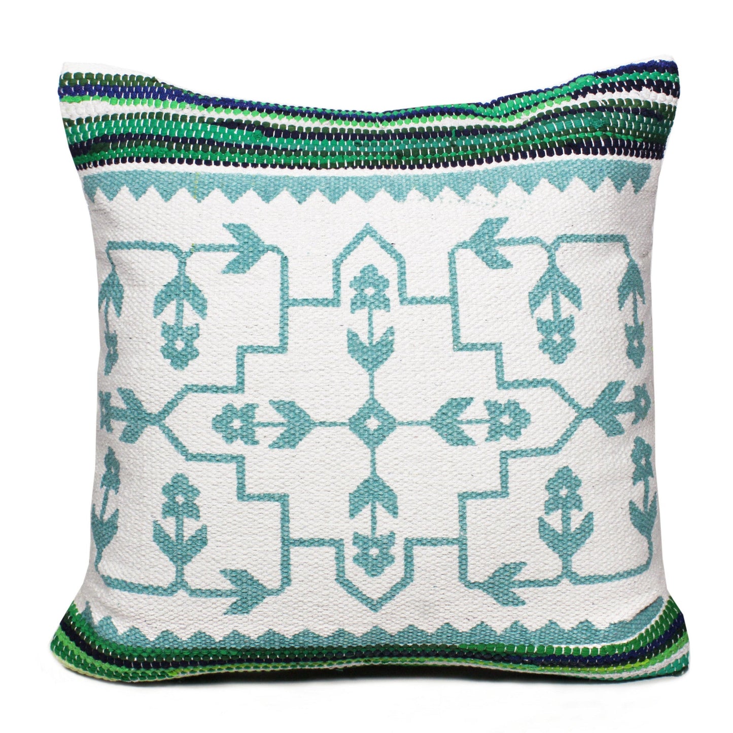 20" X 20" Green White And Blue 100% Cotton Geometric Zippered Pillow FurniFindUSA