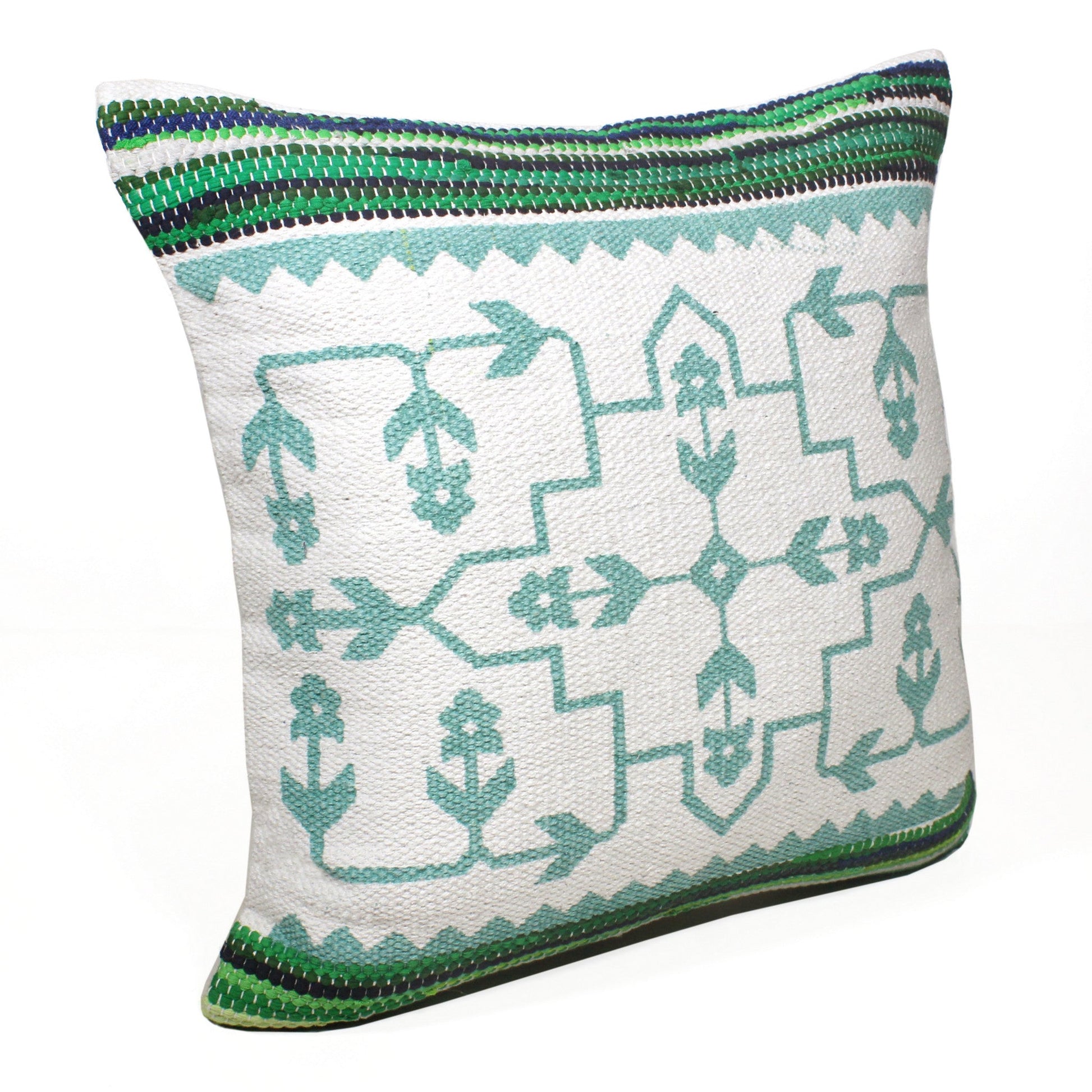 20" X 20" Green White And Blue 100% Cotton Geometric Zippered Pillow FurniFindUSA