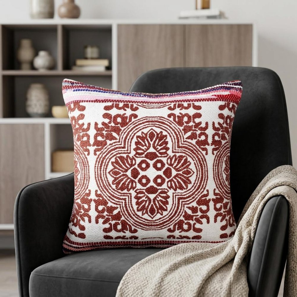 20" X 20" Red White Purple And Pink 100% Cotton Geometric Zippered Pillow — view 6