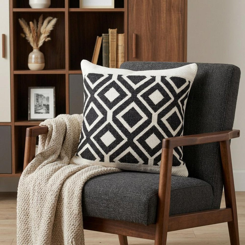 20" X 20" Deep Navy And White 100% Cotton Geometric Zippered Pillow — view 10