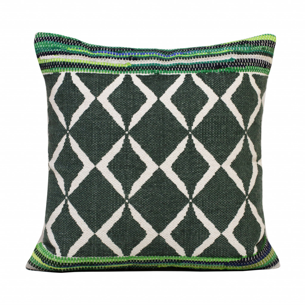 20" X 20" Green Blue And White 100% Cotton Geometric Zippered Pillow FurniFindUSA
