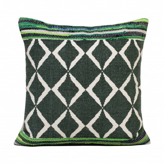 20" X 20" Green Blue And White 100% Cotton Geometric Zippered Pillow FurniFindUSA