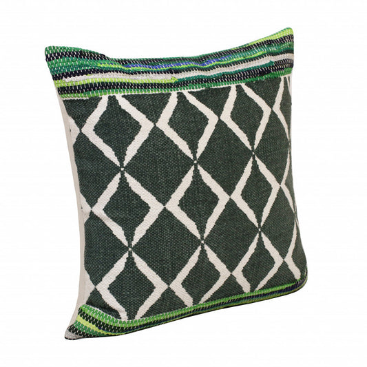 20" X 20" Green Blue And White 100% Cotton Geometric Zippered Pillow FurniFindUSA