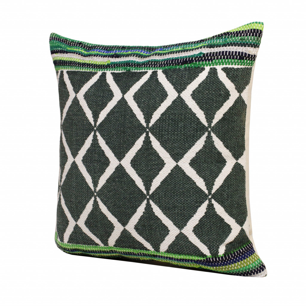 20" X 20" Green Blue And White 100% Cotton Geometric Zippered Pillow FurniFindUSA